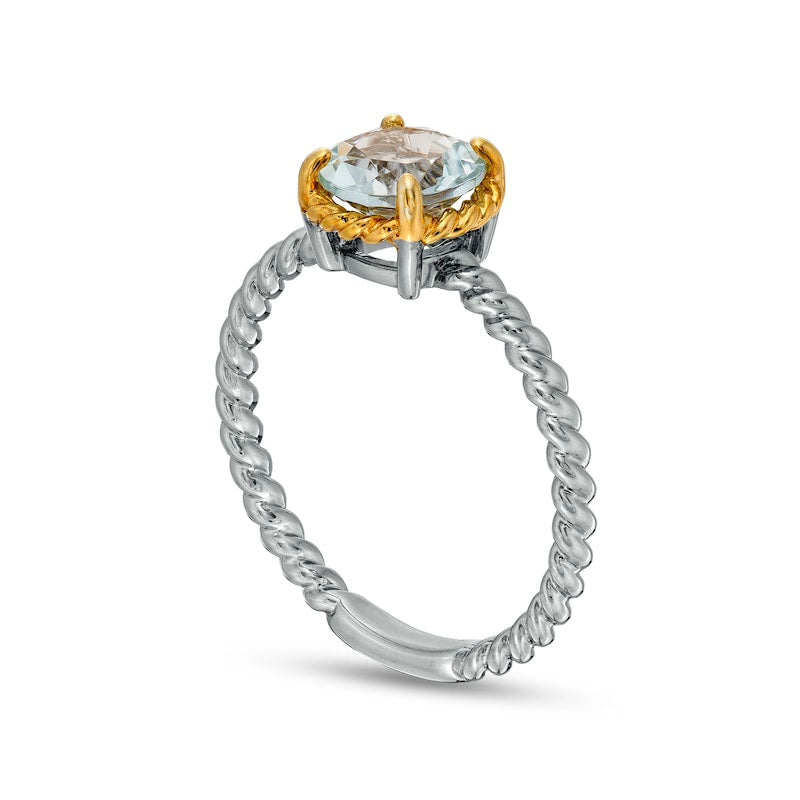 7.0mm Aquamarine Solitaire Rope-Textured Frame and Shank Ring in Sterling Silver and Solid 10K Yellow Gold