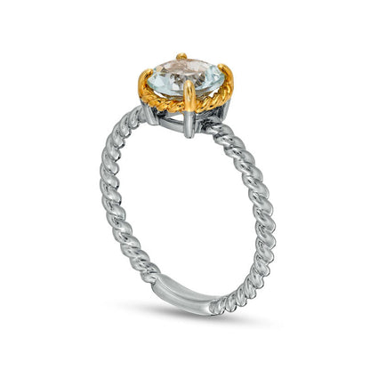 7.0mm Aquamarine Solitaire Rope-Textured Frame and Shank Ring in Sterling Silver and Solid 10K Yellow Gold