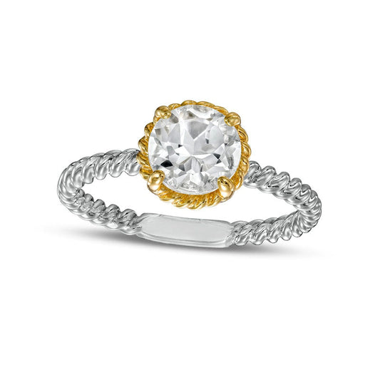 7.0mm White Topaz Solitaire Rope-Textured Frame and Shank Ring in Sterling Silver and Solid 10K Yellow Gold