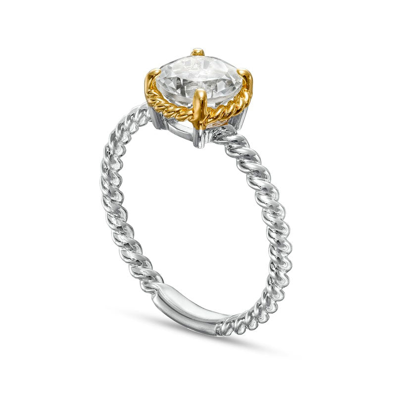 7.0mm White Topaz Solitaire Rope-Textured Frame and Shank Ring in Sterling Silver and Solid 10K Yellow Gold