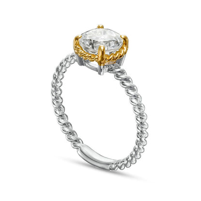 7.0mm White Topaz Solitaire Rope-Textured Frame and Shank Ring in Sterling Silver and Solid 10K Yellow Gold