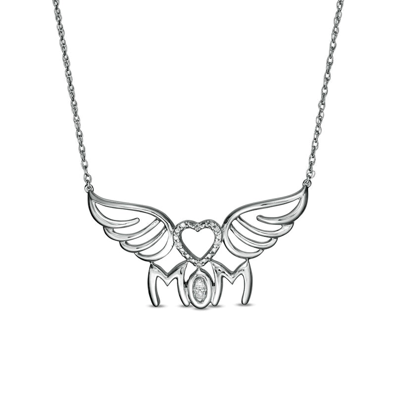 Natural Diamond Accent MOM" Heart Wings Necklace in Sterling Silver"