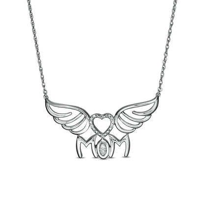 Natural Diamond Accent MOM" Heart Wings Necklace in Sterling Silver"