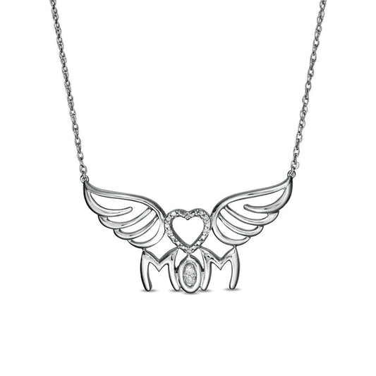 Natural Diamond Accent MOM" Heart Wings Necklace in Sterling Silver"