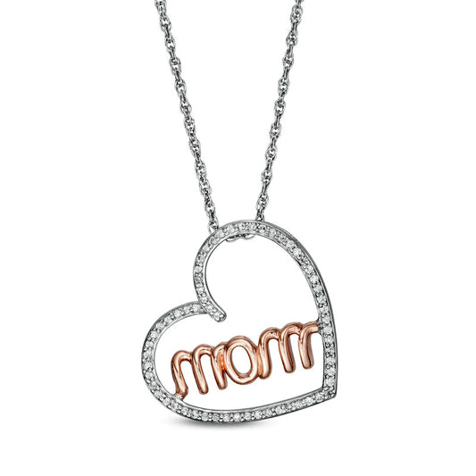 0.17 CT. T.W. Natural Diamond mom" in Tilted Heart Pendant in Sterling Silver and 10K Rose Gold"