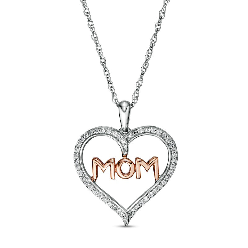 0.2 CT. T.W. Natural Diamond MOM" in Heart Pendant in Sterling Silver and 10K Rose Gold"