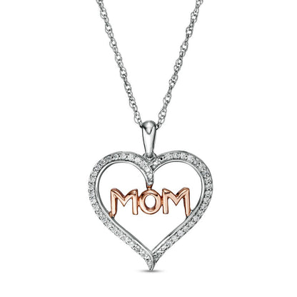 0.2 CT. T.W. Natural Diamond MOM" in Heart Pendant in Sterling Silver and 10K Rose Gold"