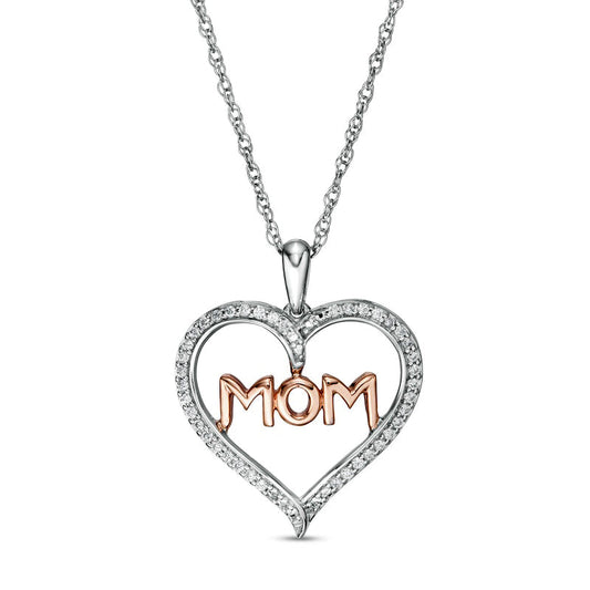 0.2 CT. T.W. Natural Diamond MOM" in Heart Pendant in Sterling Silver and 10K Rose Gold"