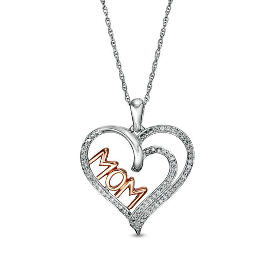 0.2 CT. T.W. Natural Diamond Double Row Heart MOM" Pendant in Sterling Silver with 10K Rose Gold"