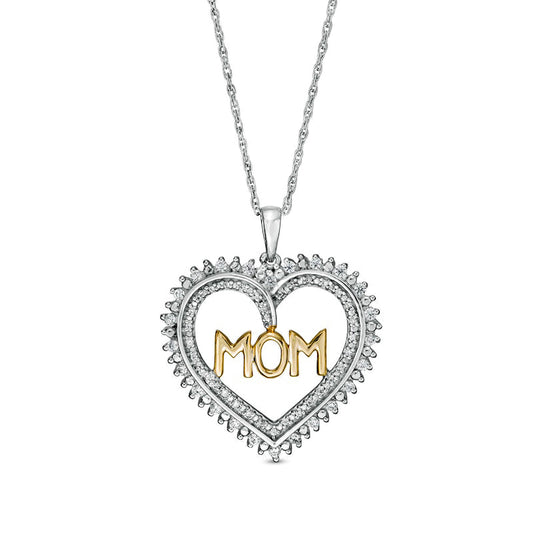 0.25 CT. T.W. Natural Diamond MOM" Heart Sunburst Double Row Pendant in Sterling Silver and 10K Yellow Gold"