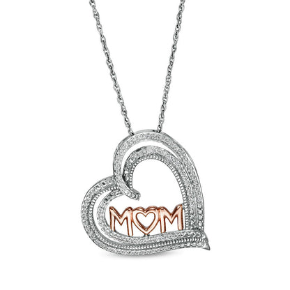 0.2 CT. T.W. Natural Diamond MOM" Triple Row Heart Pendant in Sterling Silver with 10K Rose Gold"