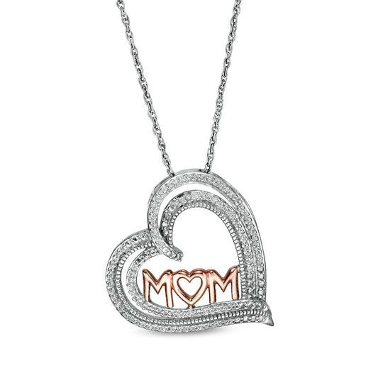 0.2 CT. T.W. Natural Diamond MOM" Triple Row Heart Pendant in Sterling Silver with 10K Rose Gold"