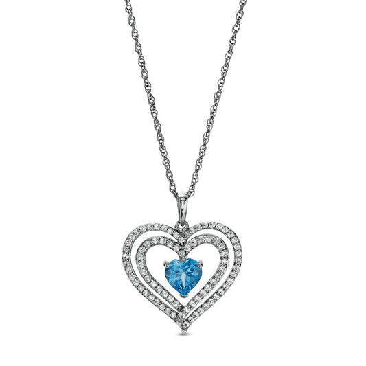 6.0mm Swiss Blue Topaz and White Lab-Created Sapphire Heart Pendant in Sterling Silver