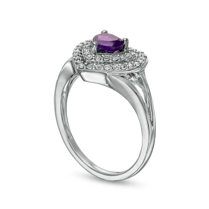 5.0mm Heart-Shaped Amethyst and White Lab-Created Sapphire Double Frame Ring in Sterling Silver