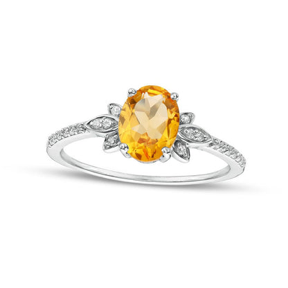 Oval Citrine and 0.10 CT. T.W. Natural Diamond Leaf-Sides Floral Ring in Solid 10K White Gold
