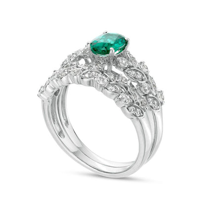 Oval Lab-Created Emerald and White Lab-Created Sapphire Double Row Leaf Shank Bridal Engagement Ring Set in Sterling Silver