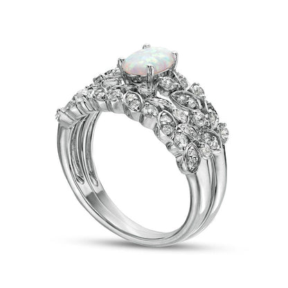 Oval Lab-Created Opal and White Lab-Created Sapphire Double Row Leaf Shank Bridal Engagement Ring Set in Sterling Silver