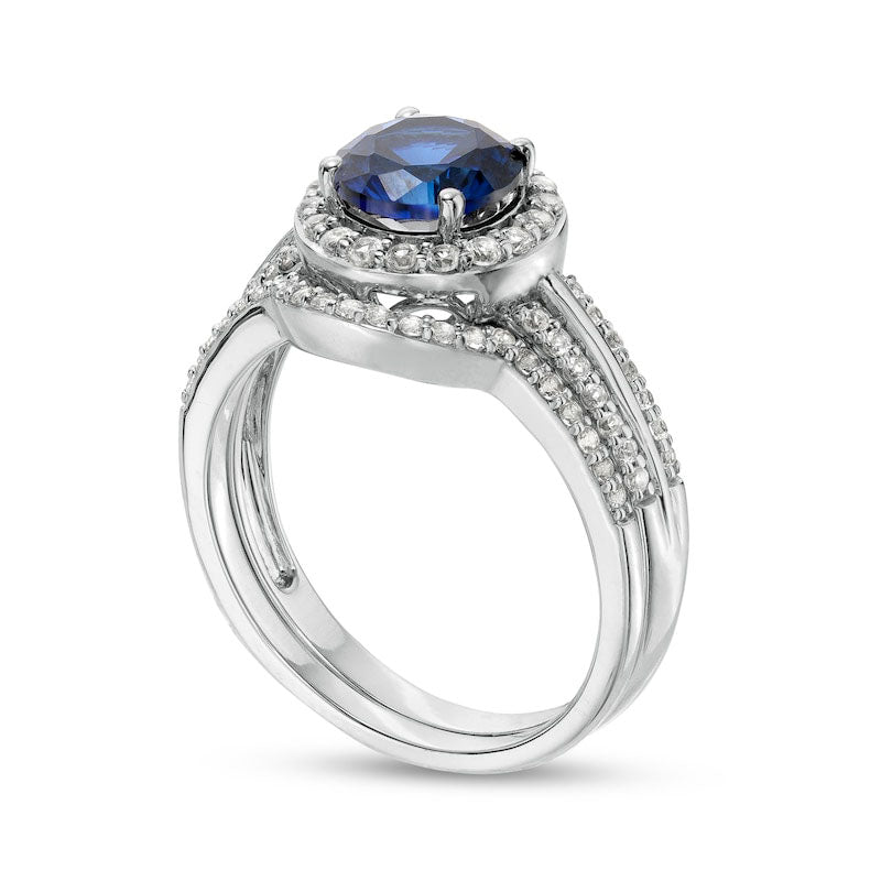 7.0mm Blue and White Lab-Created Sapphire Frame Triple Row Bridal Engagement Ring Set in Sterling Silver
