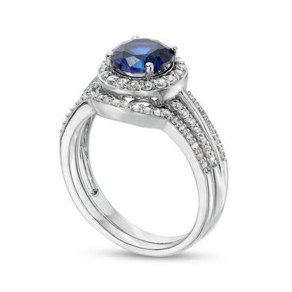 7.0mm Blue and White Lab-Created Sapphire Frame Triple Row Bridal Engagement Ring Set in Sterling Silver