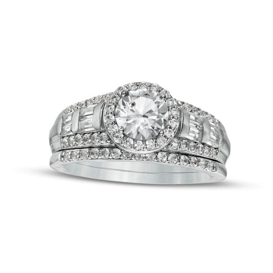 6.0mm White Lab-Created Sapphire Frame Multi-Row Bridal Engagement Ring Set in Sterling Silver