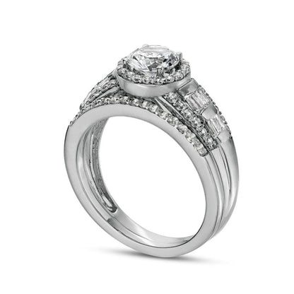 6.0mm White Lab-Created Sapphire Frame Multi-Row Bridal Engagement Ring Set in Sterling Silver