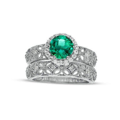 7.0mm Lab-Created Emerald and White Lab-Created Sapphire Frame Leaf Shank Antique Vintage-Style Bridal Engagement Ring Set in Sterling Silver