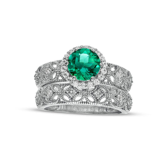 7.0mm Lab-Created Emerald and White Lab-Created Sapphire Frame Leaf Shank Antique Vintage-Style Bridal Engagement Ring Set in Sterling Silver