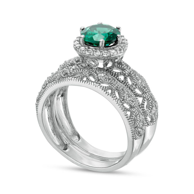 7.0mm Lab-Created Emerald and White Lab-Created Sapphire Frame Leaf Shank Antique Vintage-Style Bridal Engagement Ring Set in Sterling Silver