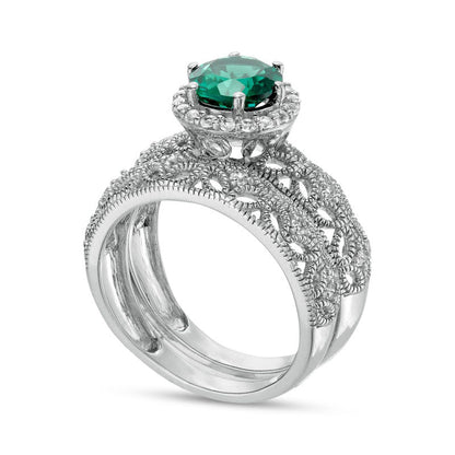 7.0mm Lab-Created Emerald and White Lab-Created Sapphire Frame Leaf Shank Antique Vintage-Style Bridal Engagement Ring Set in Sterling Silver