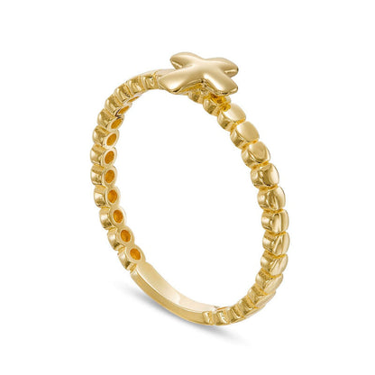 Mini Puff Cross Bead Shank Stackable Band in Solid 10K Yellow Gold