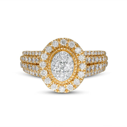 1.0 CT. T.W. Composite Oval Natural Diamond Frame Multi-Row Engagement Ring in Solid 10K Yellow Gold