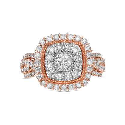 1.5 CT. T.W. Natural Diamond Double Cushion-Shaped Frame Twist Shank Engagement Ring in Solid 10K Rose Gold
