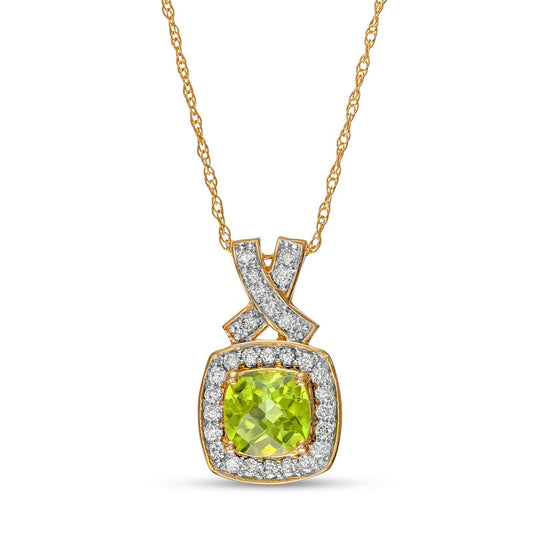 6.0mm Cushion-Cut Peridot and 0.2 CT. T.W. Natural Diamond Frame X" Pendant in 14K Gold"