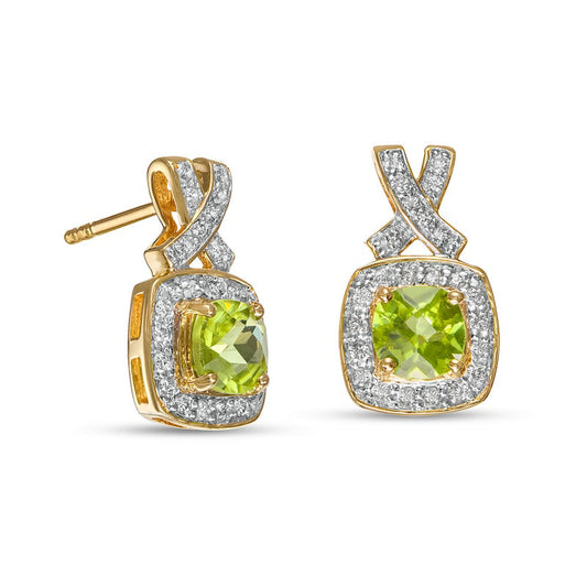 5.0mm Cushion-Cut Peridot and 0.25 CT. T.W. Diamond Frame X" Drop Earrings in 14K Gold"