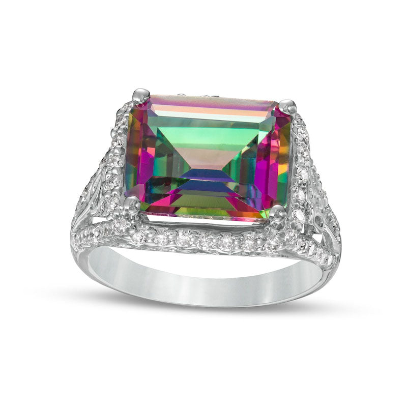 Sideways Emerald-Cut Mystic Fire« Topaz and 0.50 CT. T.W. Natural Diamond Frame Ring in Solid 14K White Gold