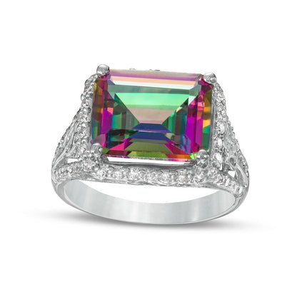 Sideways Emerald-Cut Mystic Fire« Topaz and 0.50 CT. T.W. Natural Diamond Frame Ring in Solid 14K White Gold