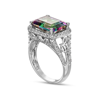 Sideways Emerald-Cut Mystic Fire« Topaz and 0.50 CT. T.W. Natural Diamond Frame Ring in Solid 14K White Gold