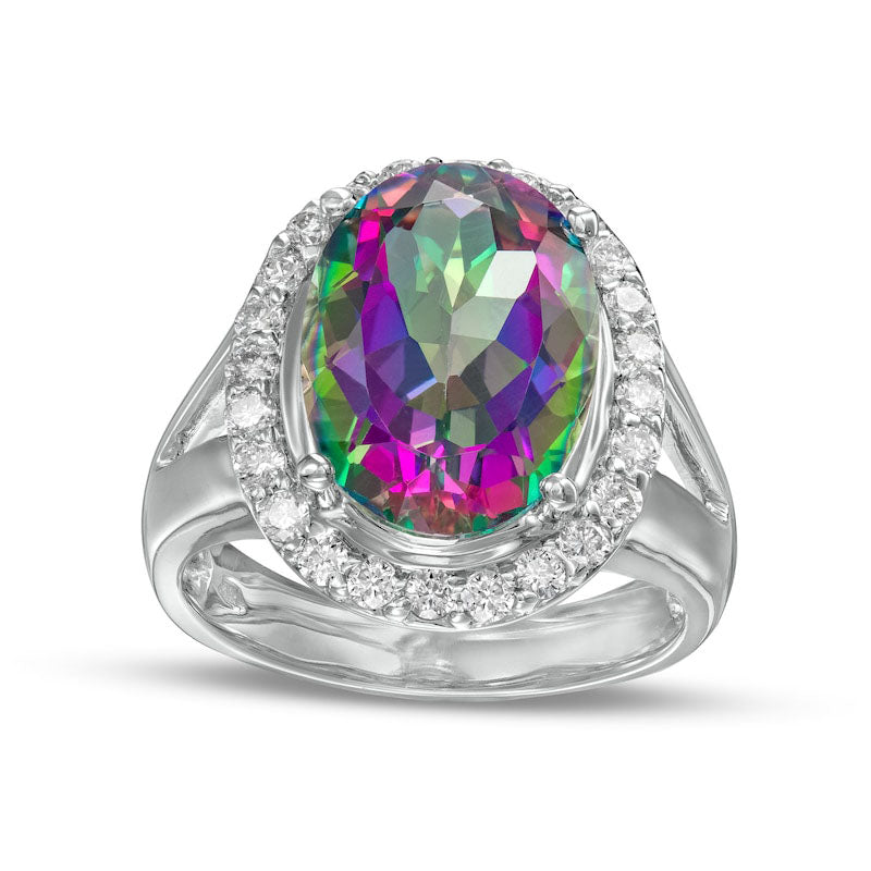 Oval Mystic Fire« Topaz and 0.50 CT. T.W. Natural Diamond Frame Split Shank Ring in Solid 14K White Gold
