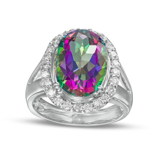 Oval Mystic Fire« Topaz and 0.50 CT. T.W. Natural Diamond Frame Split Shank Ring in Solid 14K White Gold