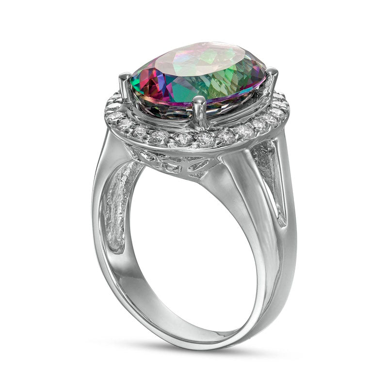 Oval Mystic Fire« Topaz and 0.50 CT. T.W. Natural Diamond Frame Split Shank Ring in Solid 14K White Gold