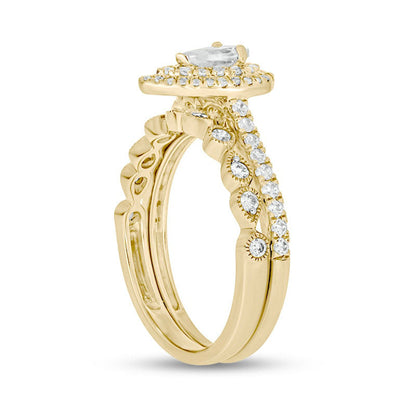 1.0 CT. T.W. Pear-Shaped Natural Diamond Double Frame Antique Vintage-Style Bridal Engagement Ring Set in Solid 10K Yellow Gold (I/I2)