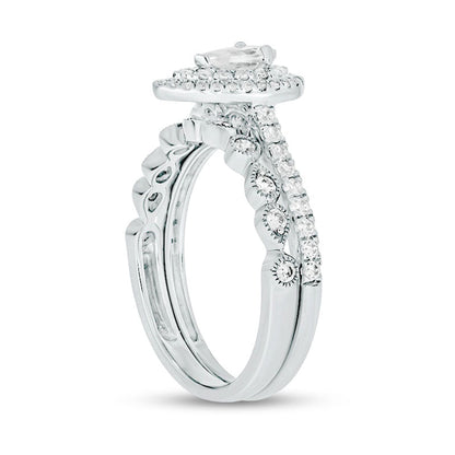 1.0 CT. T.W. Pear-Shaped Natural Diamond Double Frame Antique Vintage-Style Bridal Engagement Ring Set in Solid 10K White Gold (I/I2)