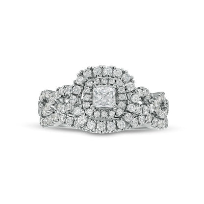 1.0 CT. T.W. Princess-Cut Natural Diamond Double Frame Twist Shank Bridal Engagement Ring Set in Solid 14K White Gold