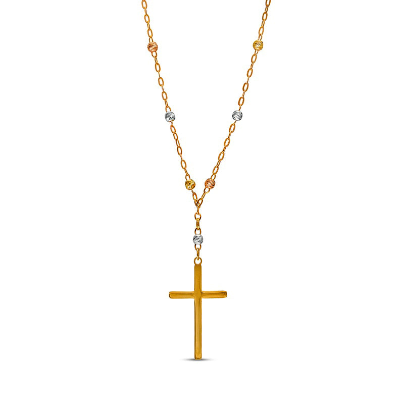 Cross and Brilliance Bead Station Y" Necklace in 10K Tri-Tone Gold - 17""