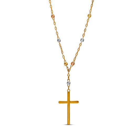 Cross and Brilliance Bead Station Y" Necklace in 10K Tri-Tone Gold - 17""