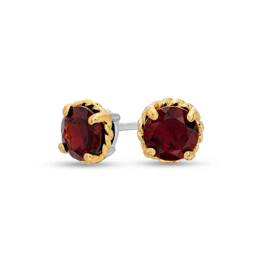 6.0mm Garnet Solitaire Rope-Textured Frame Stud Earrings in Sterling Silver and 10K Gold