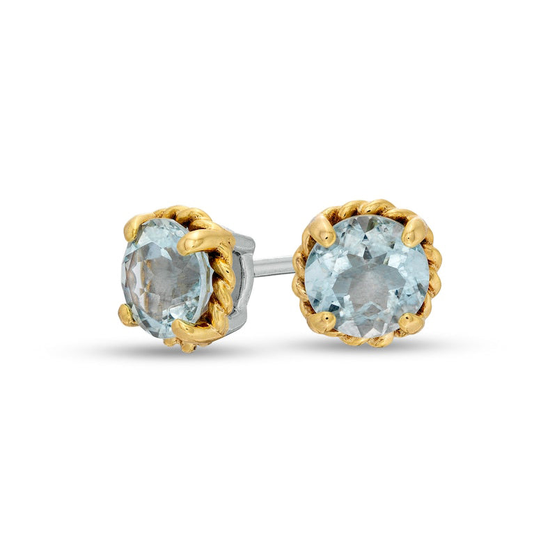 6.0mm Aquamarine Solitaire Rope-Textured Frame Stud Earrings in Sterling Silver and 10K Gold