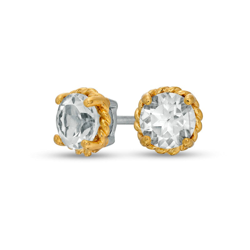 6.0mm White Topaz Solitaire Rope-Textured Frame Stud Earrings in Sterling Silver and 10K Gold
