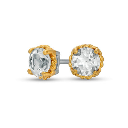 6.0mm White Topaz Solitaire Rope-Textured Frame Stud Earrings in Sterling Silver and 10K Gold