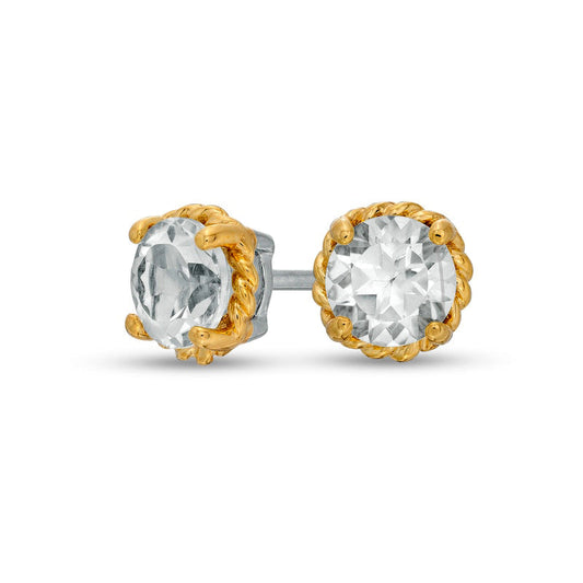 6.0mm White Topaz Solitaire Rope-Textured Frame Stud Earrings in Sterling Silver and 10K Gold